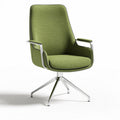 Swivel office chair with green fabric upholstery and aluminum base