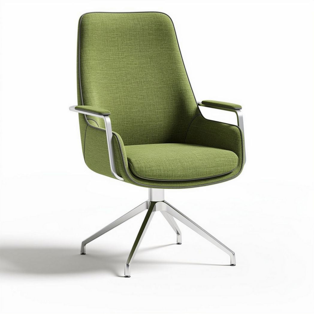 Swivel office chair with green fabric upholstery and aluminum base