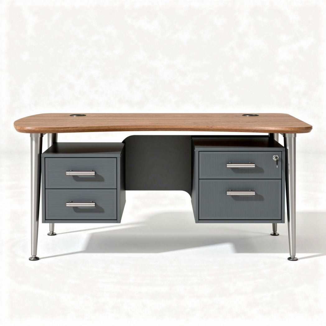 Wooden computer desk with gray metal drawers and dimensions 120 x 60 x 75cm