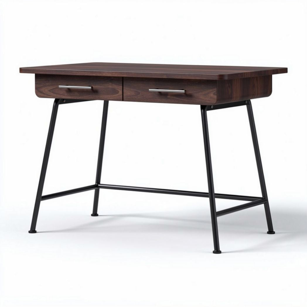 Wooden writing desk with two drawers and black metal legs 120 x 60 x 75cm