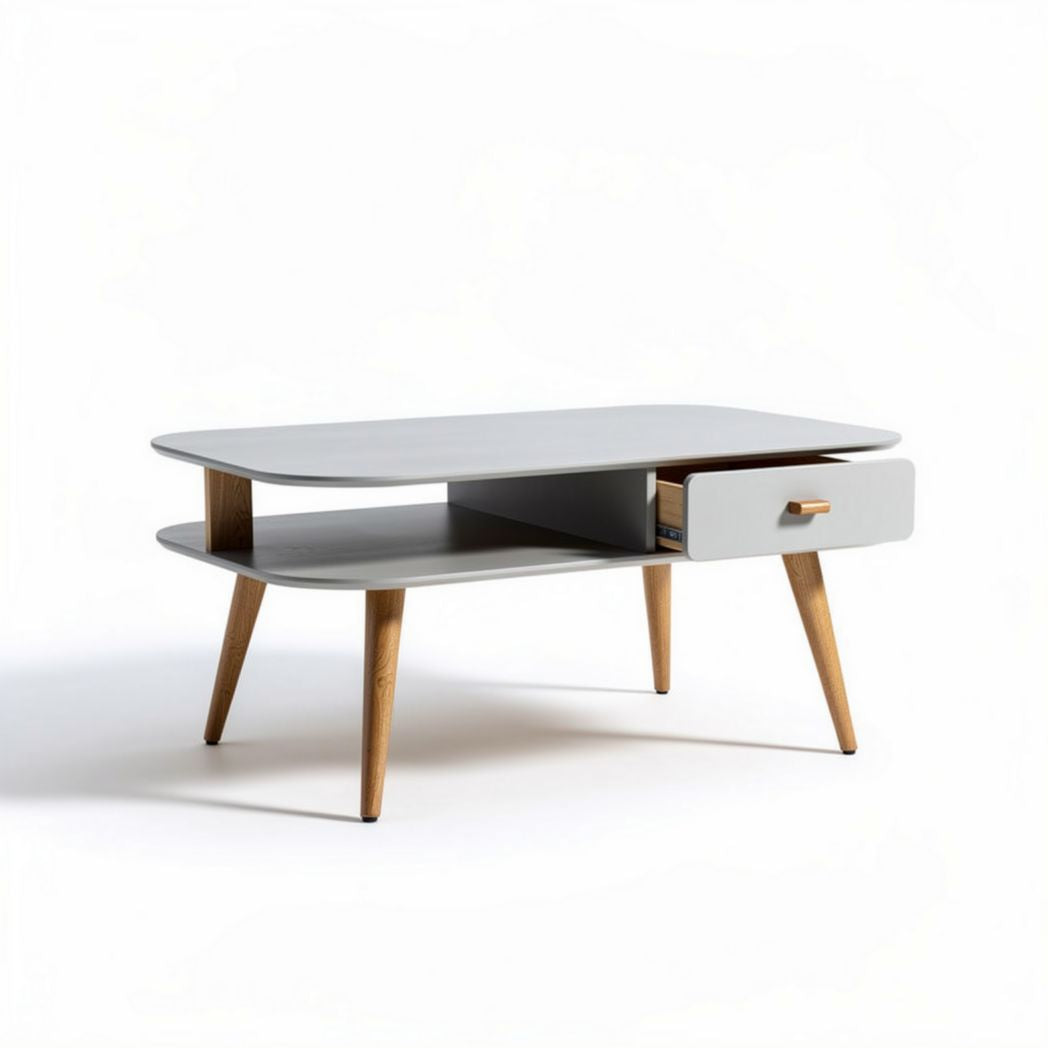 Modern coffee table with drawer and wooden legs in gray finish 120 x 60 x 40cm