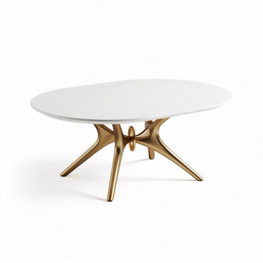 White oval coffee table with gold metal legs suitable for modern living rooms