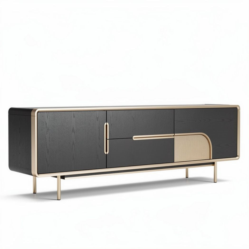 Modern sideboard cabinet in black wood with gold accents 200 x 45 x 75cm