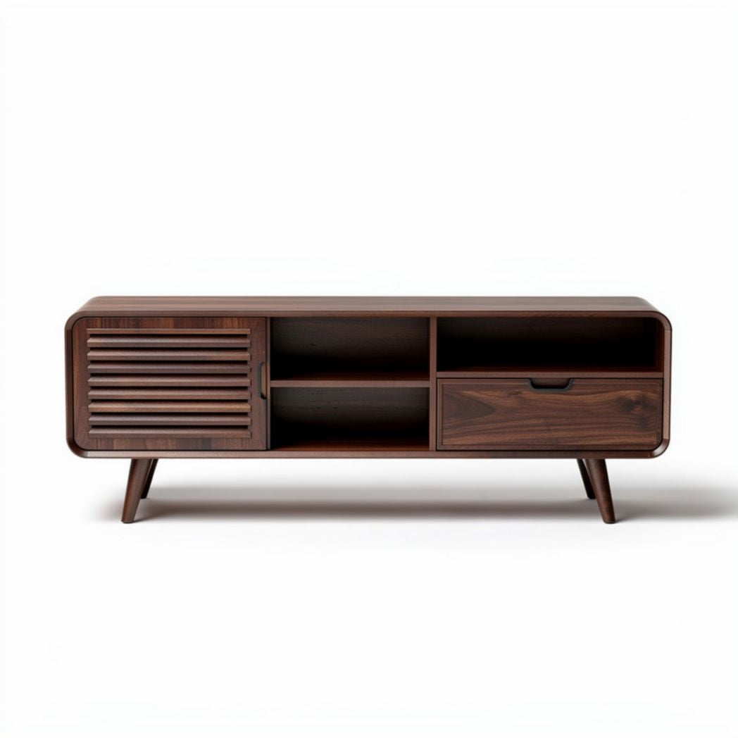 Walnut finish media console with two open shelves and sliding door 90 x 40 x 40cm