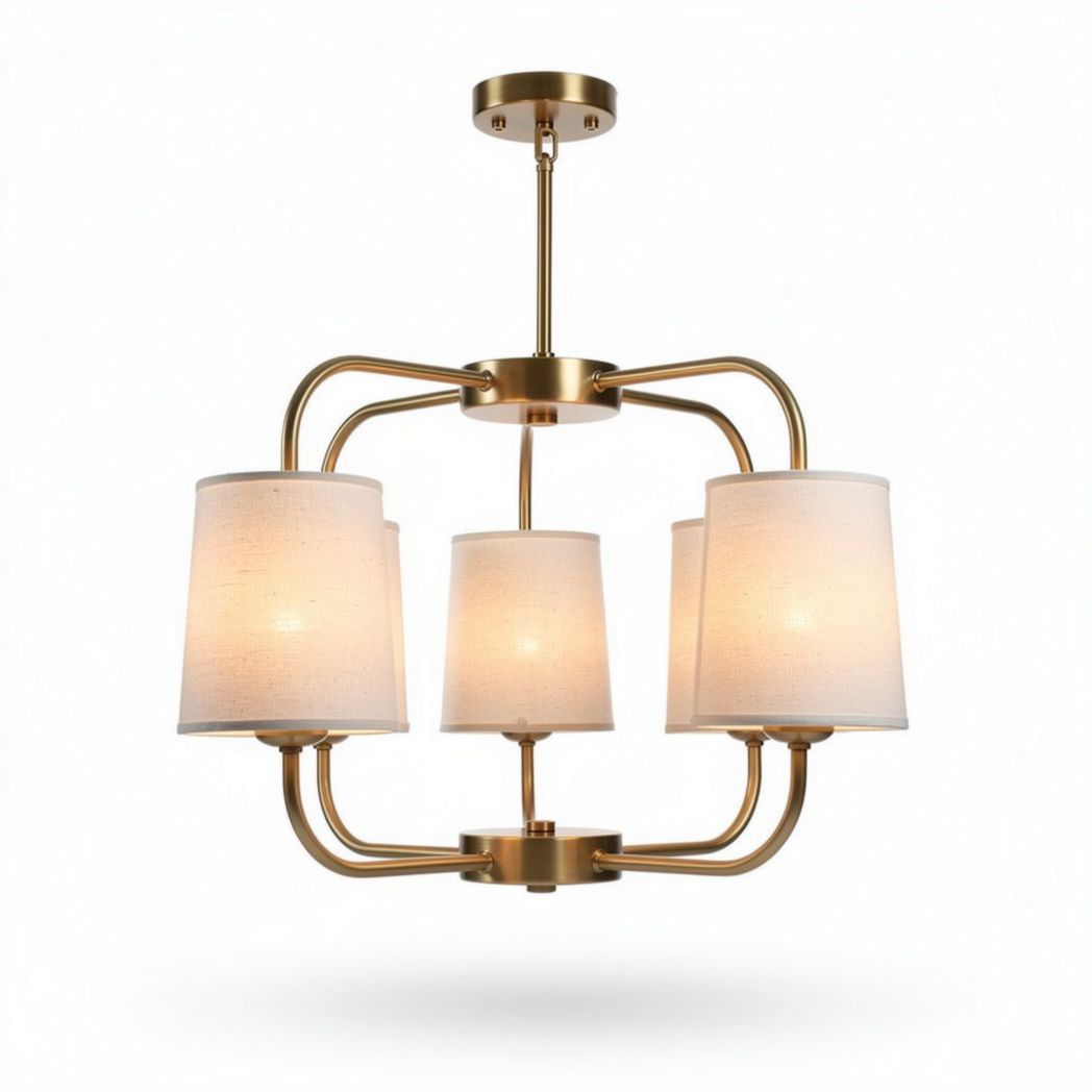 Modern brass chandelier with fabric shades suitable for dining areas