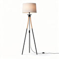 Tripod floor lamp with fabric shade and wooden accent in black and natural color