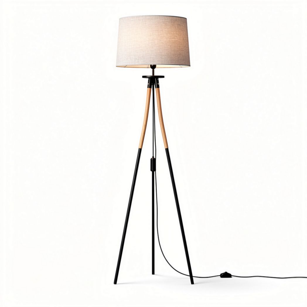 Tripod floor lamp with fabric shade and wooden accent in black and natural color