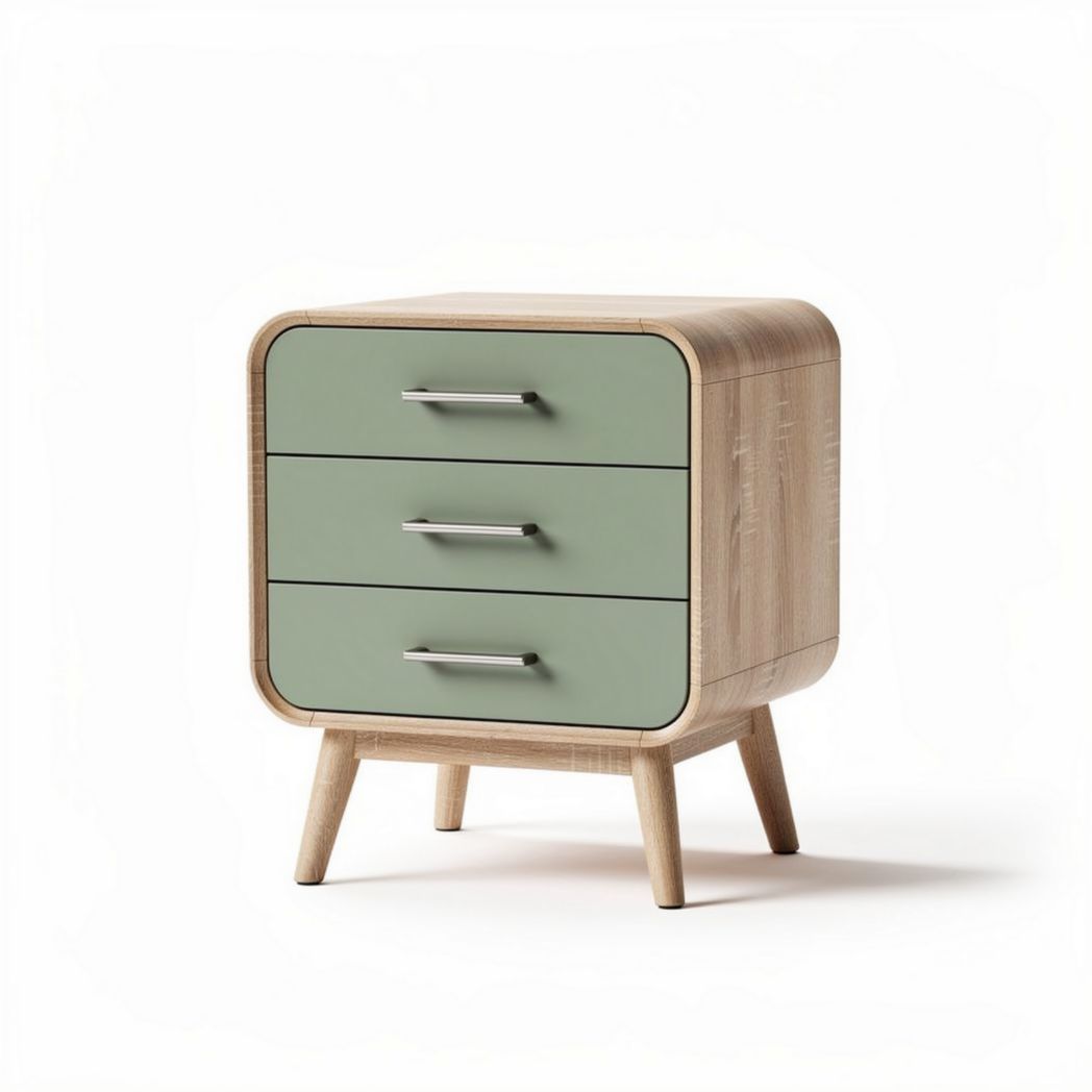 Wooden nightstand with three drawers and green front panels 40 x 40 x 50cm