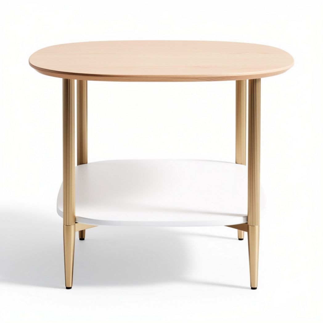 Wooden round side table with gold legs and white shelf 80 x 60 x 45cm