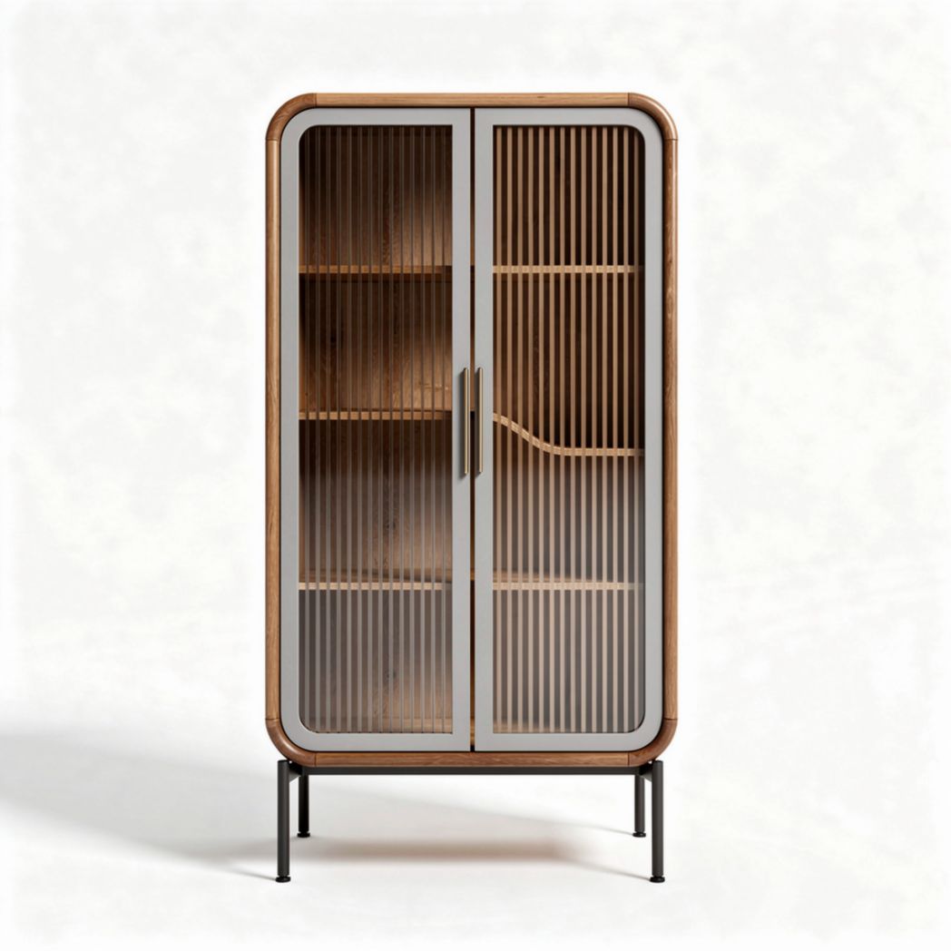 Wood and metal display cabinet with glass doors 90 x 45 x 180cm