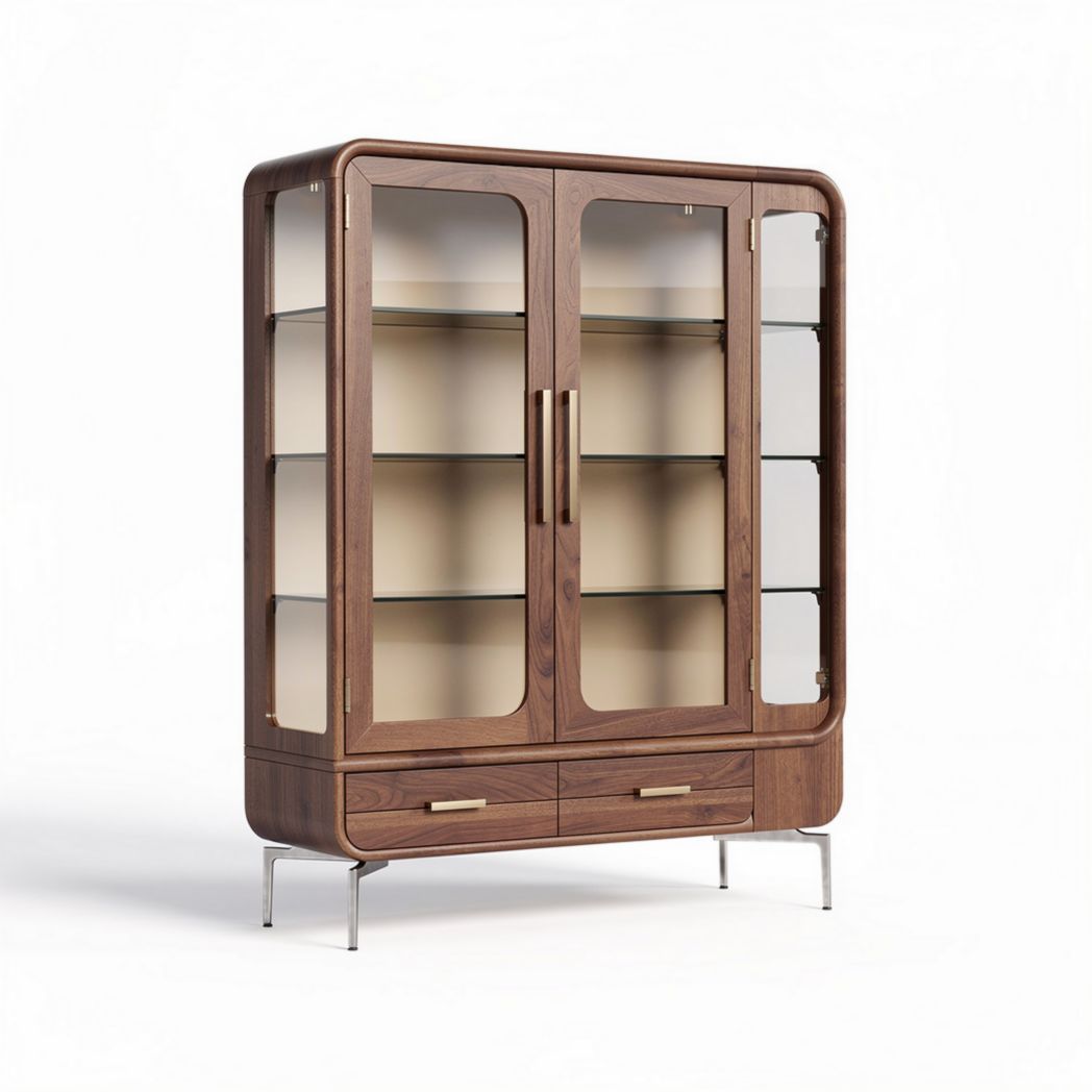 Wooden display cabinet with glass doors and two drawers 120 x 40 x 180cm